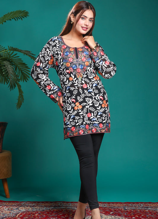 Women's Black Floral Embroidered Georgette Short Kurti