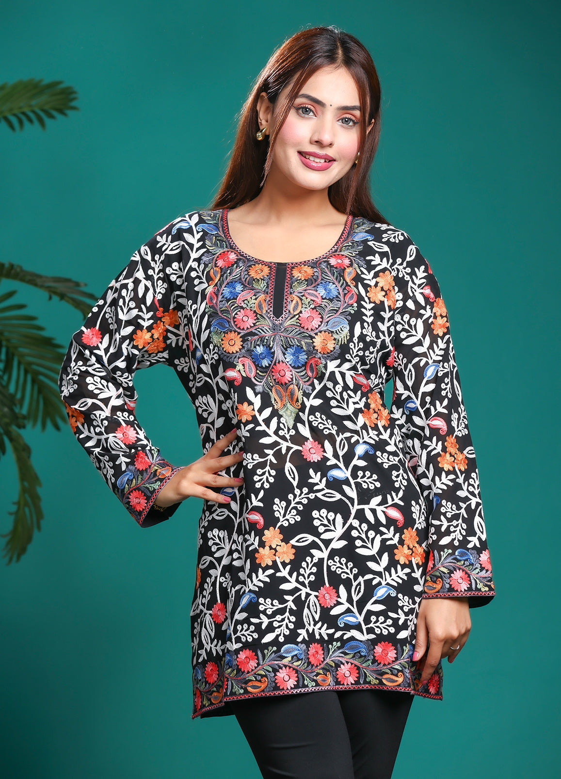 Women's Black Floral Embroidered Georgette Short Kurti