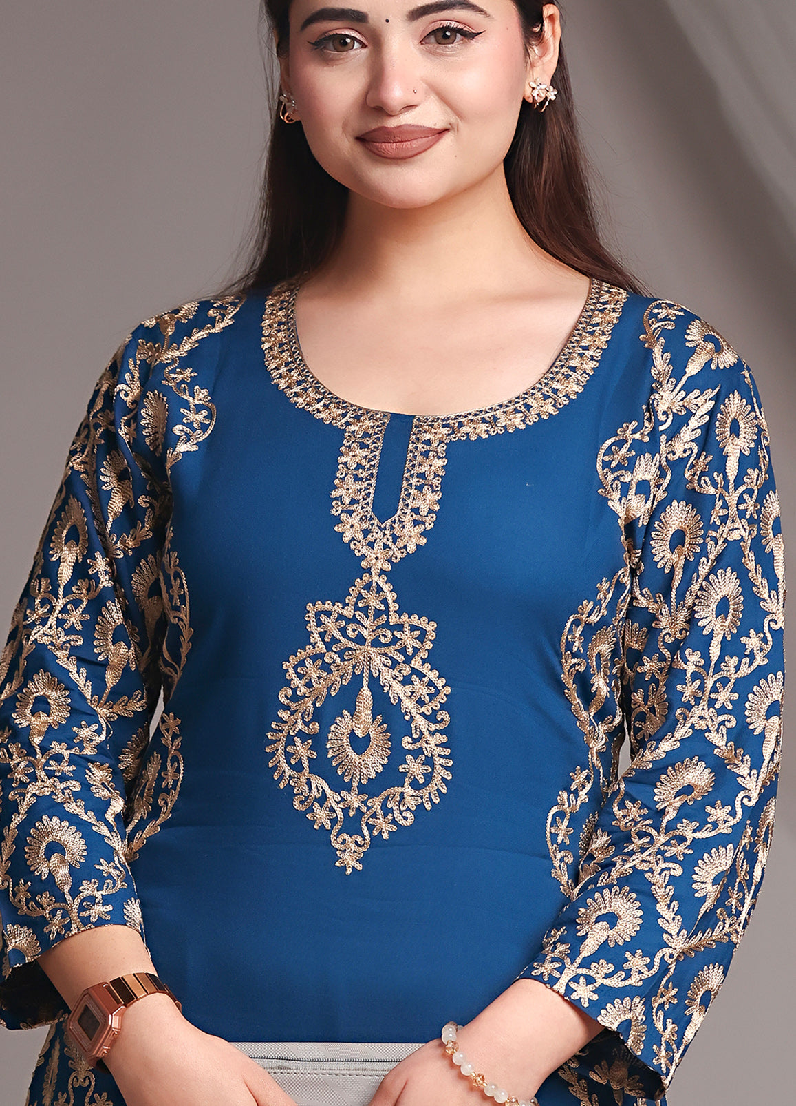 Kashmiri Ari Work Blue Rayon Straight Embroidered Kurta With Pant