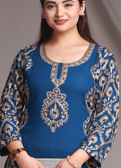 Kashmiri Ari Work Blue Rayon Straight Embroidered Kurta With Pant