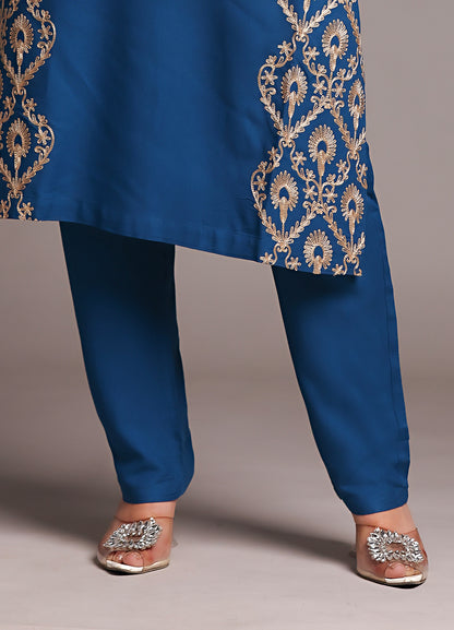Kashmiri Ari Work Blue Rayon Straight Embroidered Kurta With Pant
