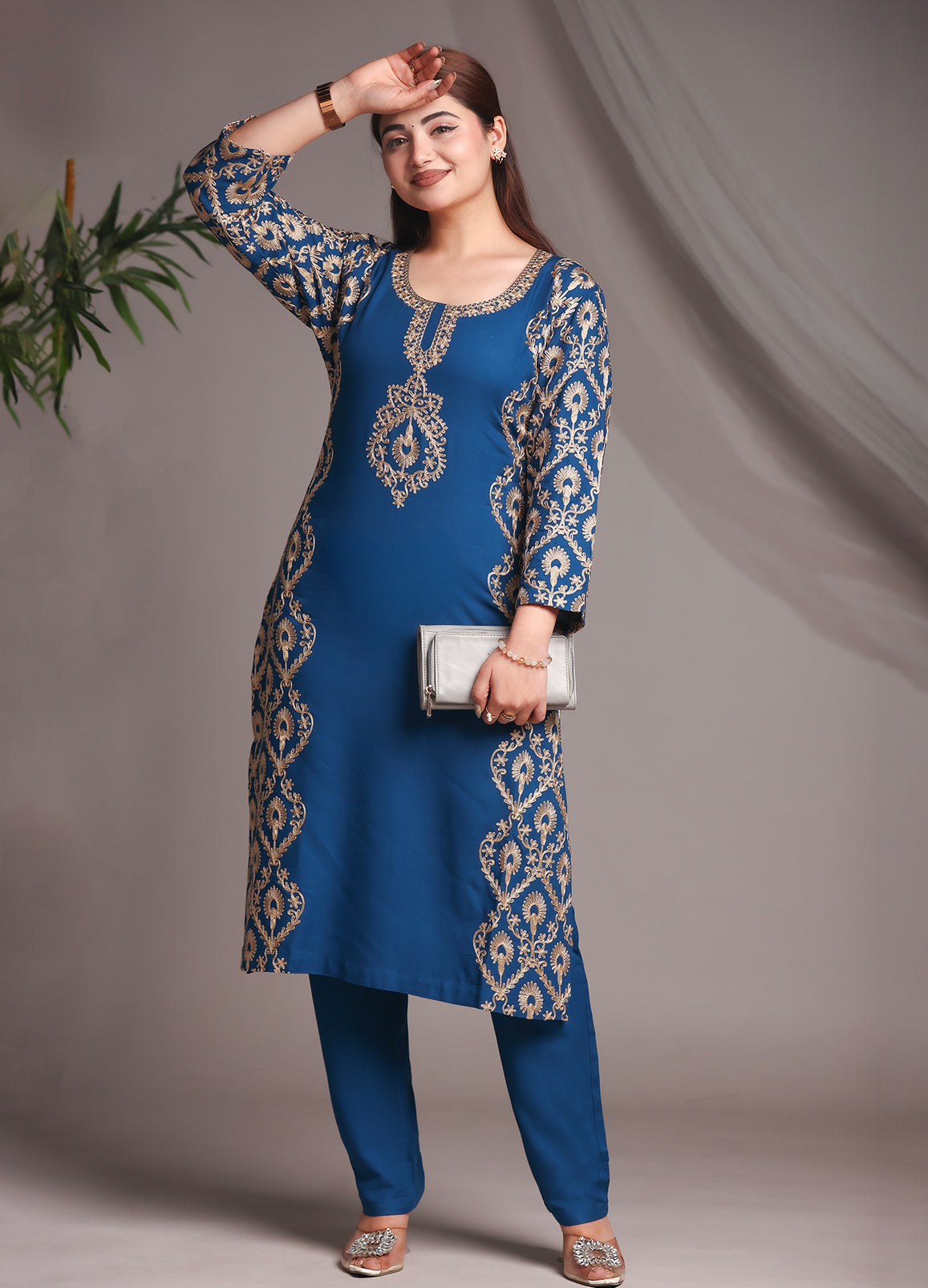 Kashmiri Ari Work Blue Rayon Straight Embroidered Kurta With Pant