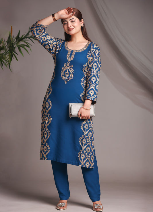 Kashmiri Ari Work Blue Rayon Straight Embroidered Kurta With Pant