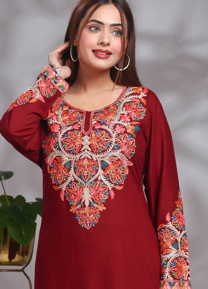 Kashmiri Ari work Rayon Straight Embroidered Kurta With Pant