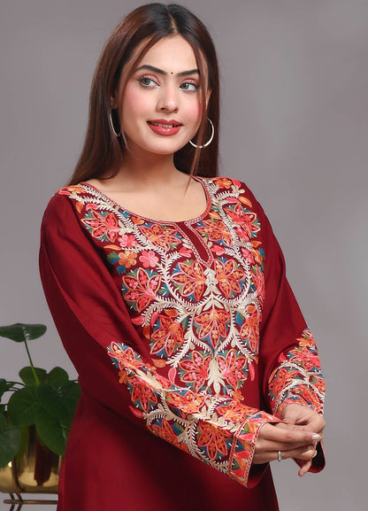 Kashmiri Ari work Rayon Straight Embroidered Kurta With Pant