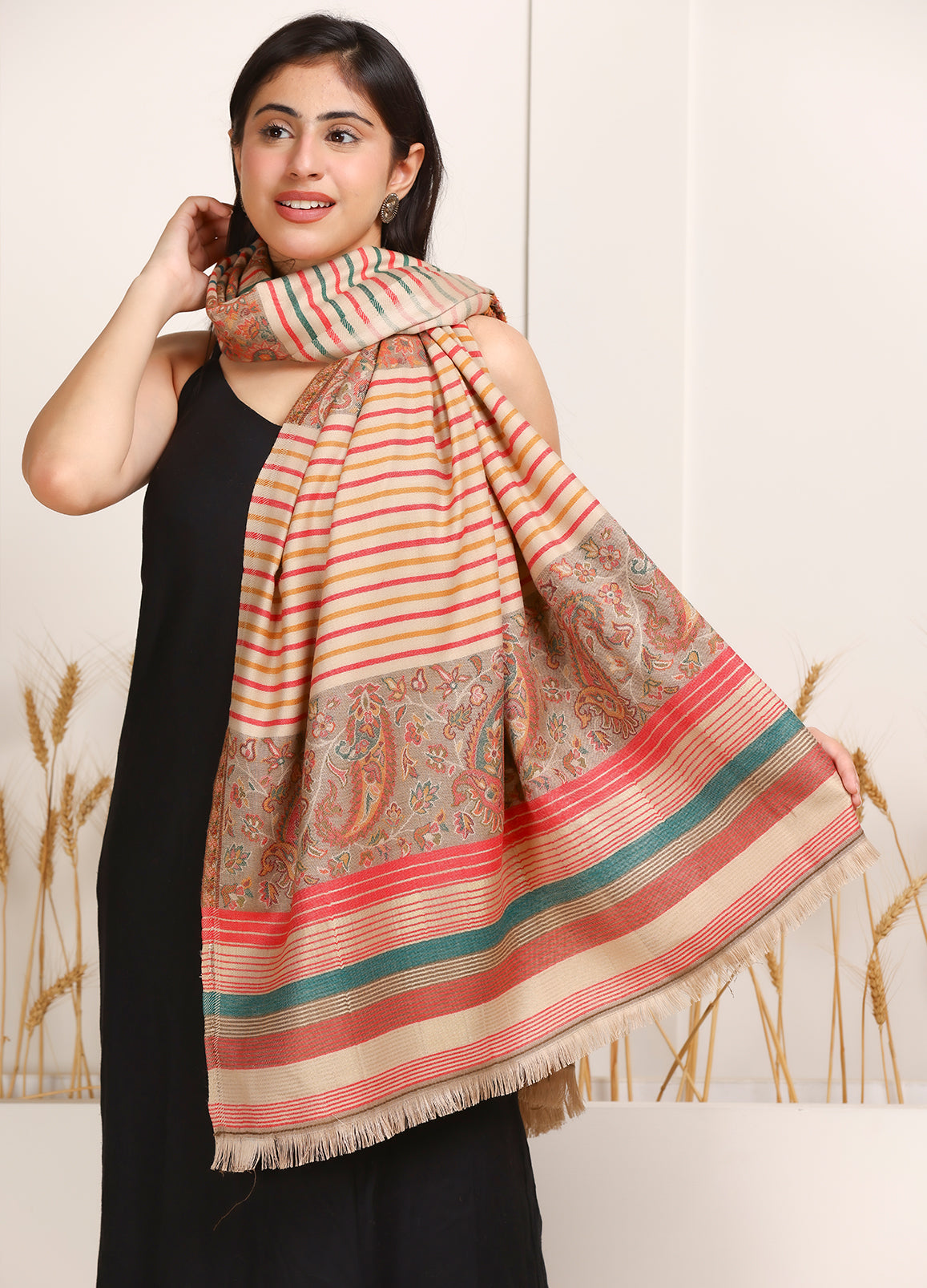 Ladakhi Kani Woven Palla Shawl With Royal Combination Strips
