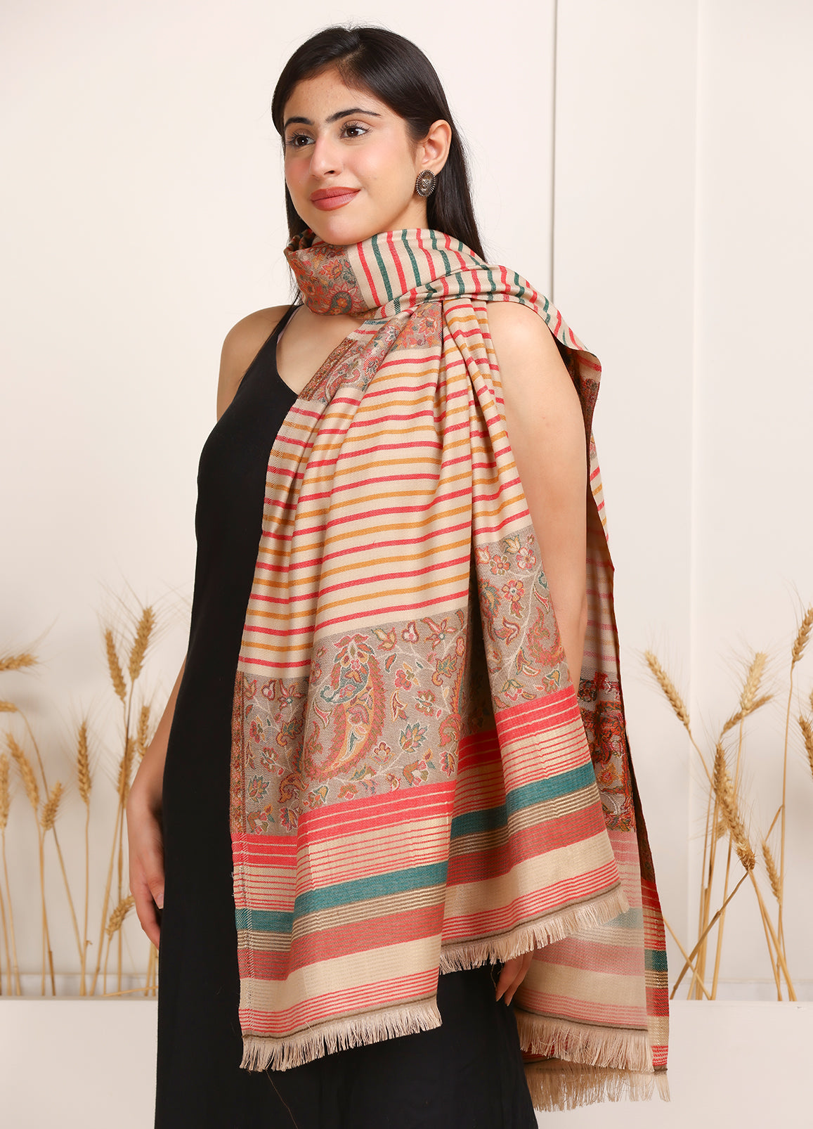 Ladakhi Kani Woven Palla Shawl With Royal Combination Strips