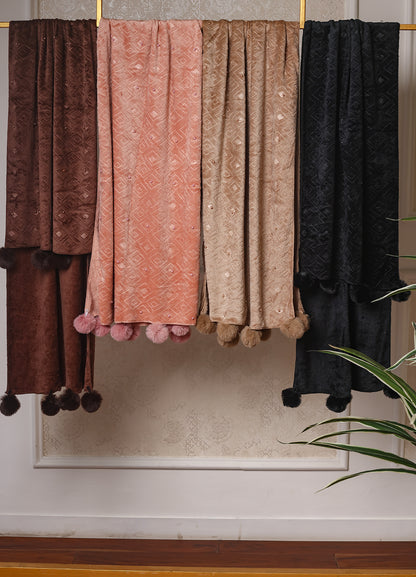 Makhmali Stole With Pearl & Pom Pom