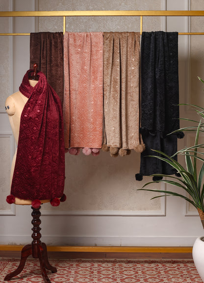 Makhmali Stole With Pearl & Pom Pom