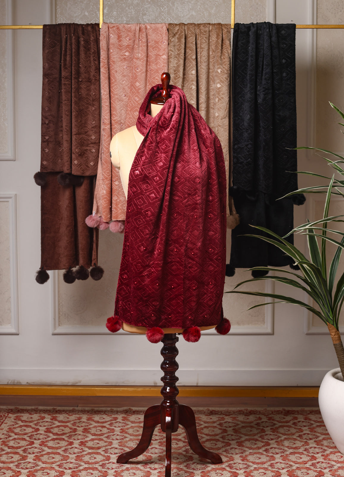 Makhmali Stole With Pearl & Pom Pom