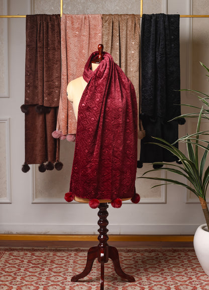 Makhmali Stole With Pearl & Pom Pom