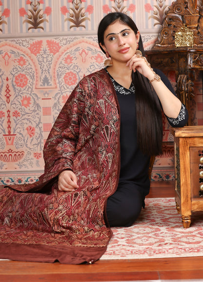 Maroon Kashmiri Tilla Valvet Embroidered Stole