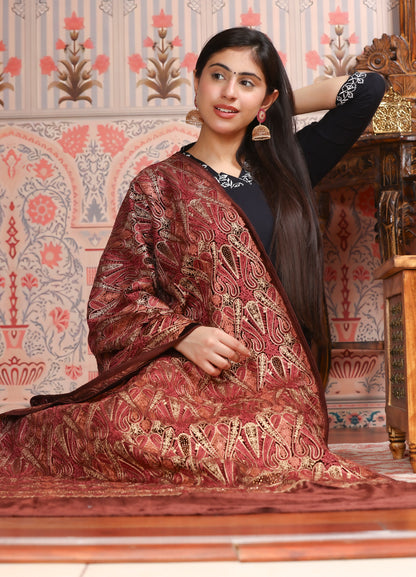 Maroon Kashmiri Tilla Valvet Embroidered Stole