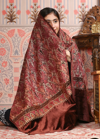 Maroon Kashmiri Tilla Valvet Embroidered Stole