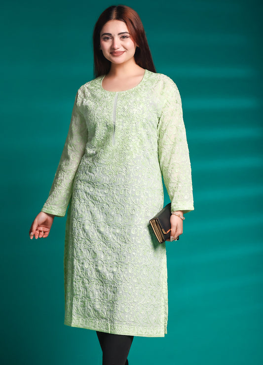 Mint Green Georgette Chikankari Embroidered Long Kurta – Free Size