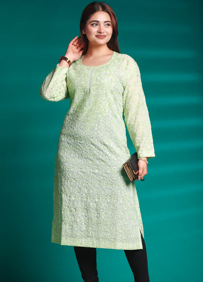 Mint Green Georgette Chikankari Embroidered Long Kurta – Free Size