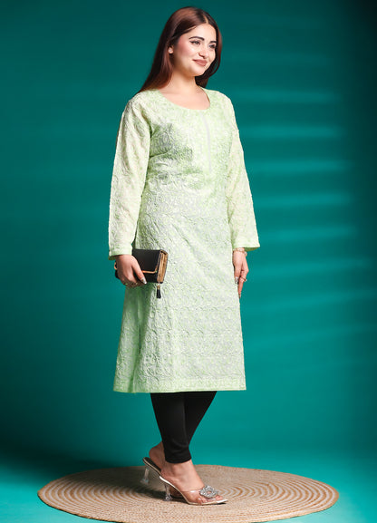 Mint Green Georgette Chikankari Embroidered Long Kurta – Free Size