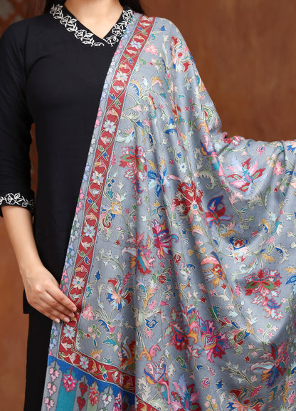 Multicolor Border Kalam Kari Wool Shawl