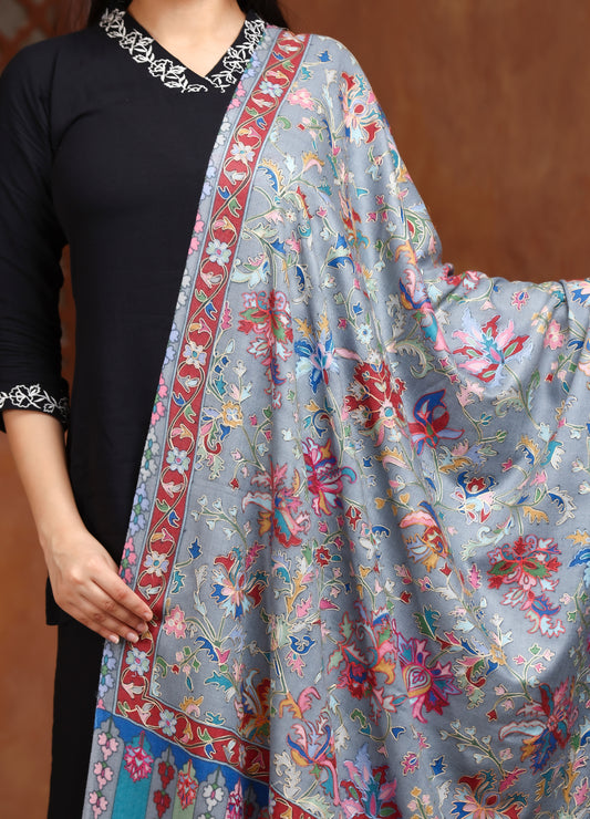 Multicolor Border Kalam Kari Wool Shawl