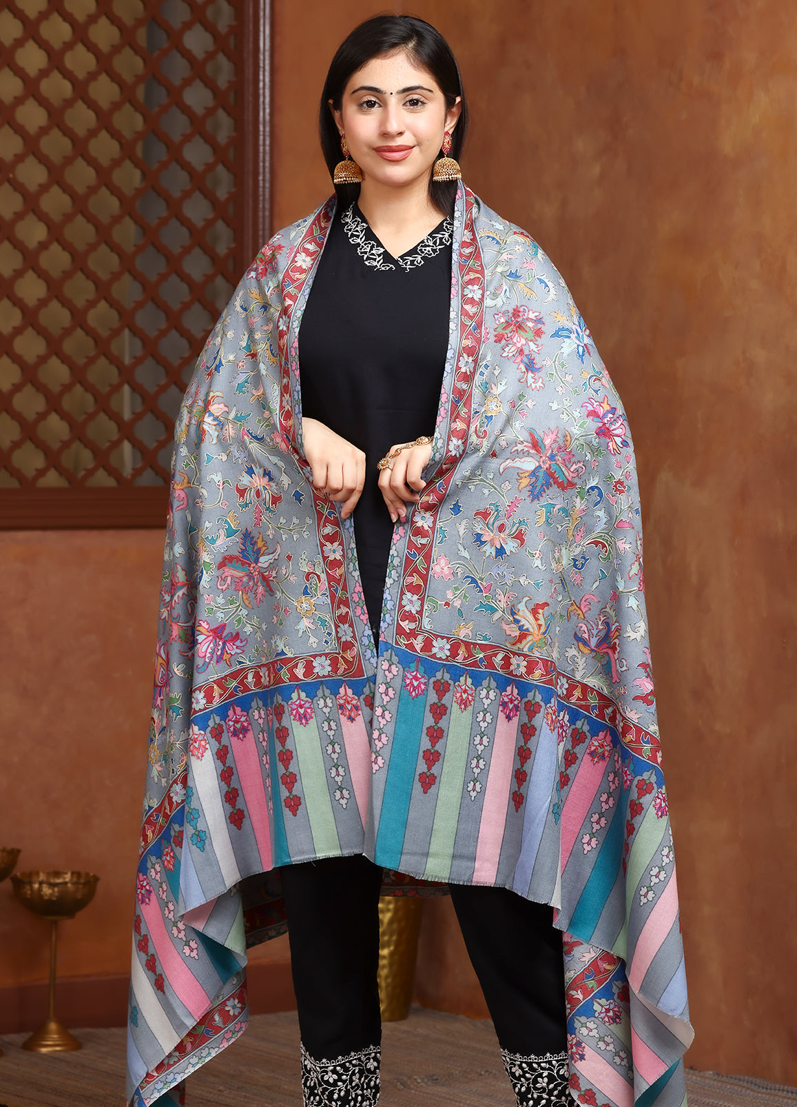 Multicolor Border Kalam Kari Wool Shawl