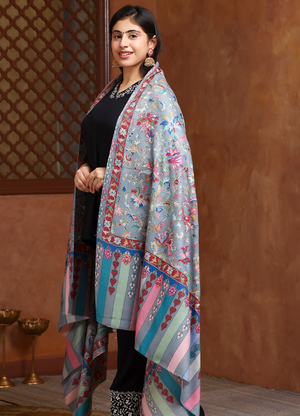 Multicolor Border Kalam Kari Wool Shawl