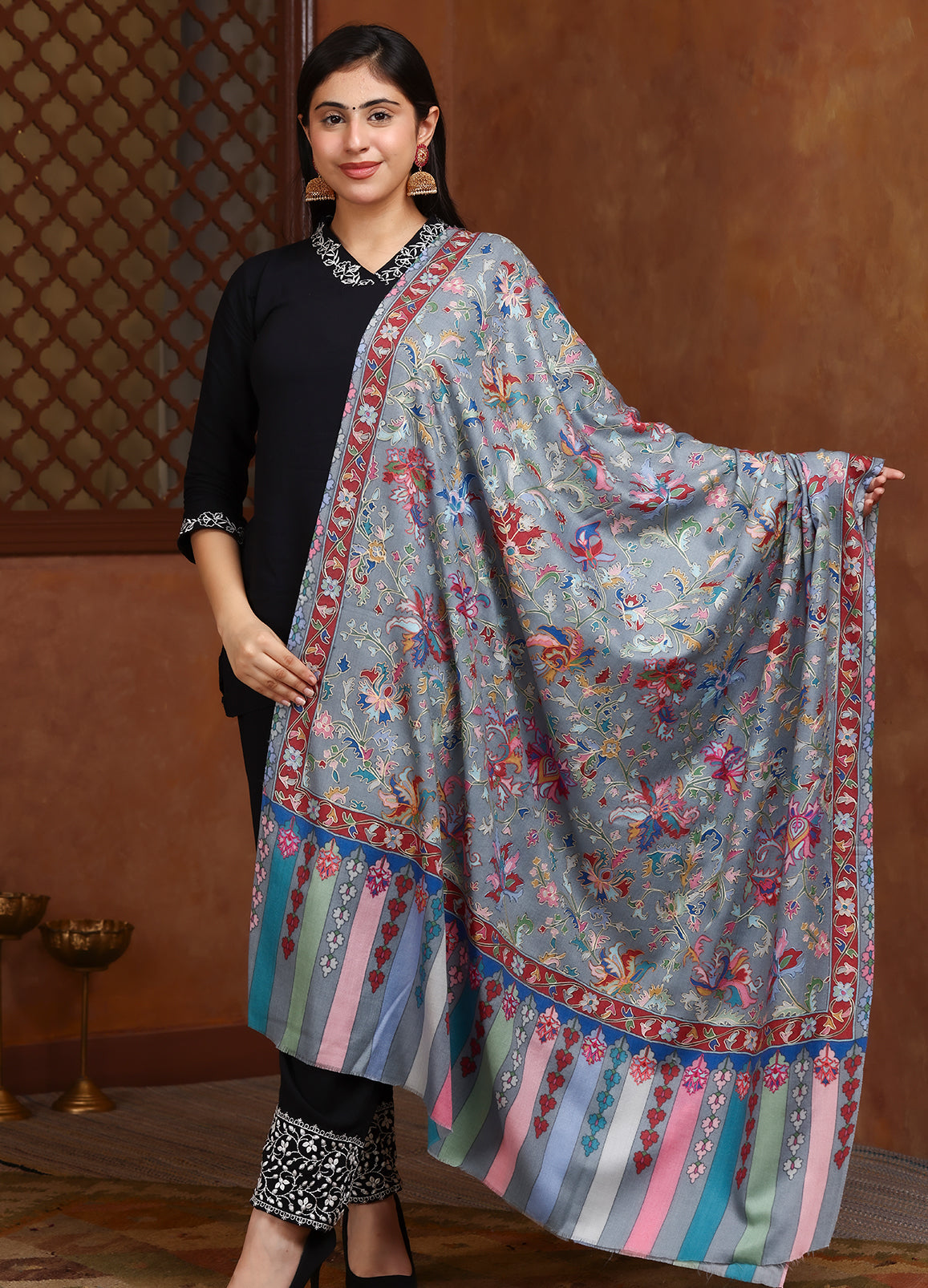 Multicolor Border Kalam Kari Wool Shawl
