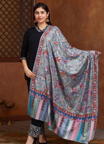 Multicolor Border Kalam Kari Wool Shawl