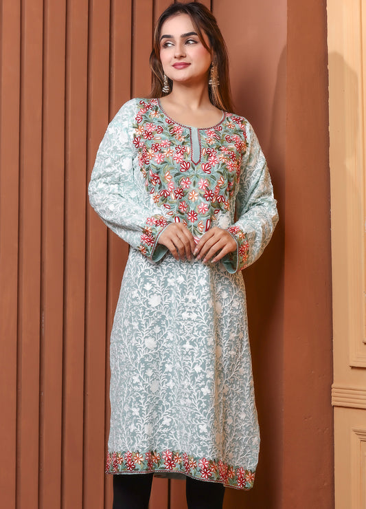 Women's Mint Green Kashmiri Ari Work Embroidered Georgette Long Kurta
