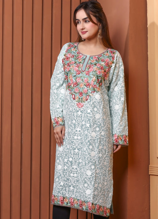 Women's Mint Green Kashmiri Ari Work Embroidered Georgette Long Kurta