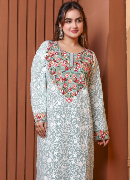 Women's Mint Green Kashmiri Ari Work Embroidered Georgette Long Kurta