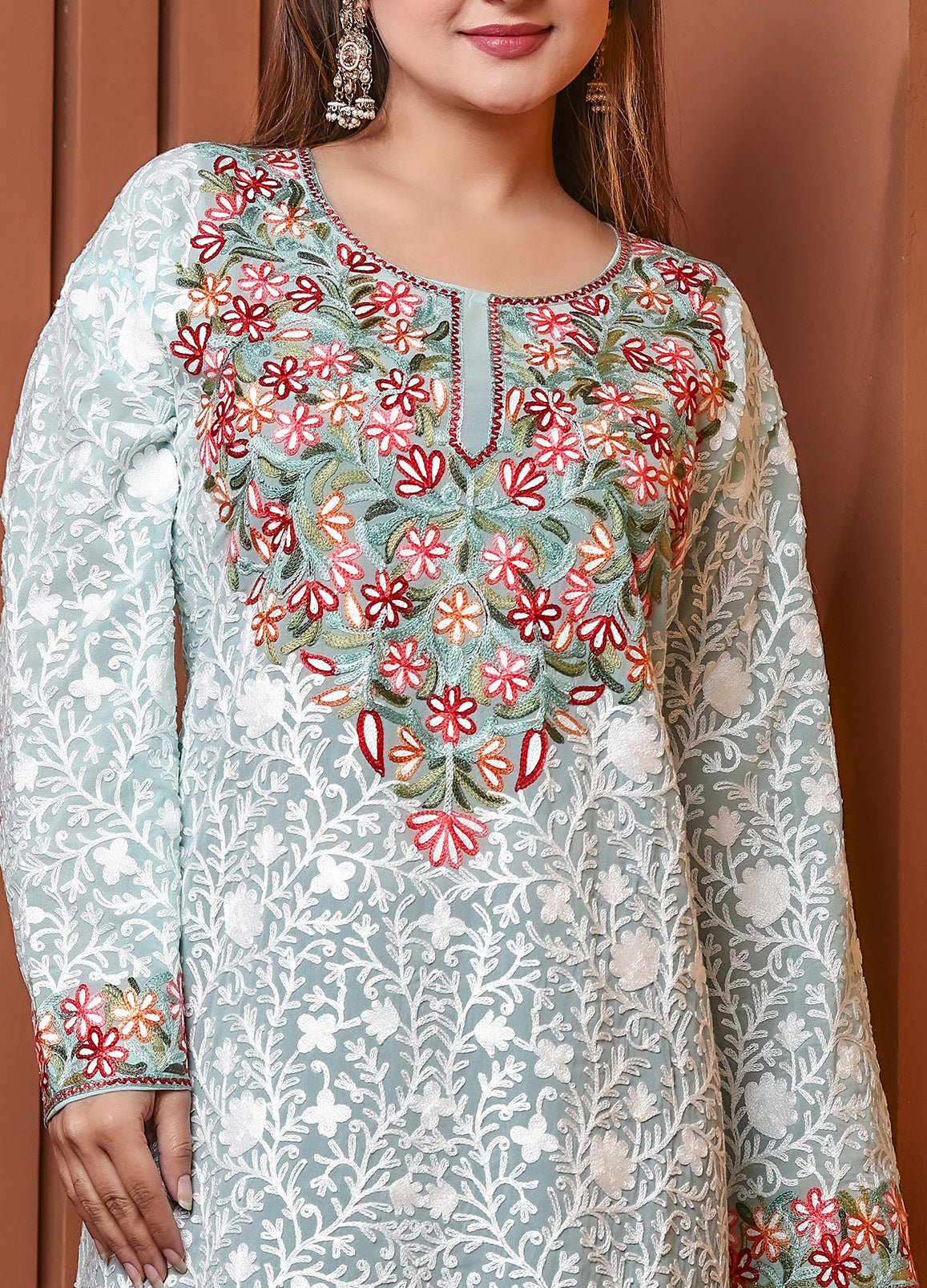 Women's Mint Green Kashmiri Ari Work Embroidered Georgette Long Kurta