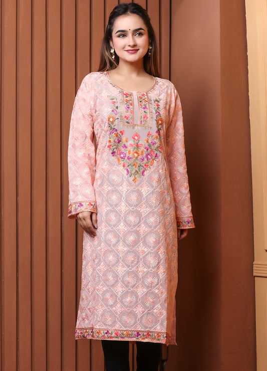 Women's Peach Floral Embroidered Georgette Long Kurta