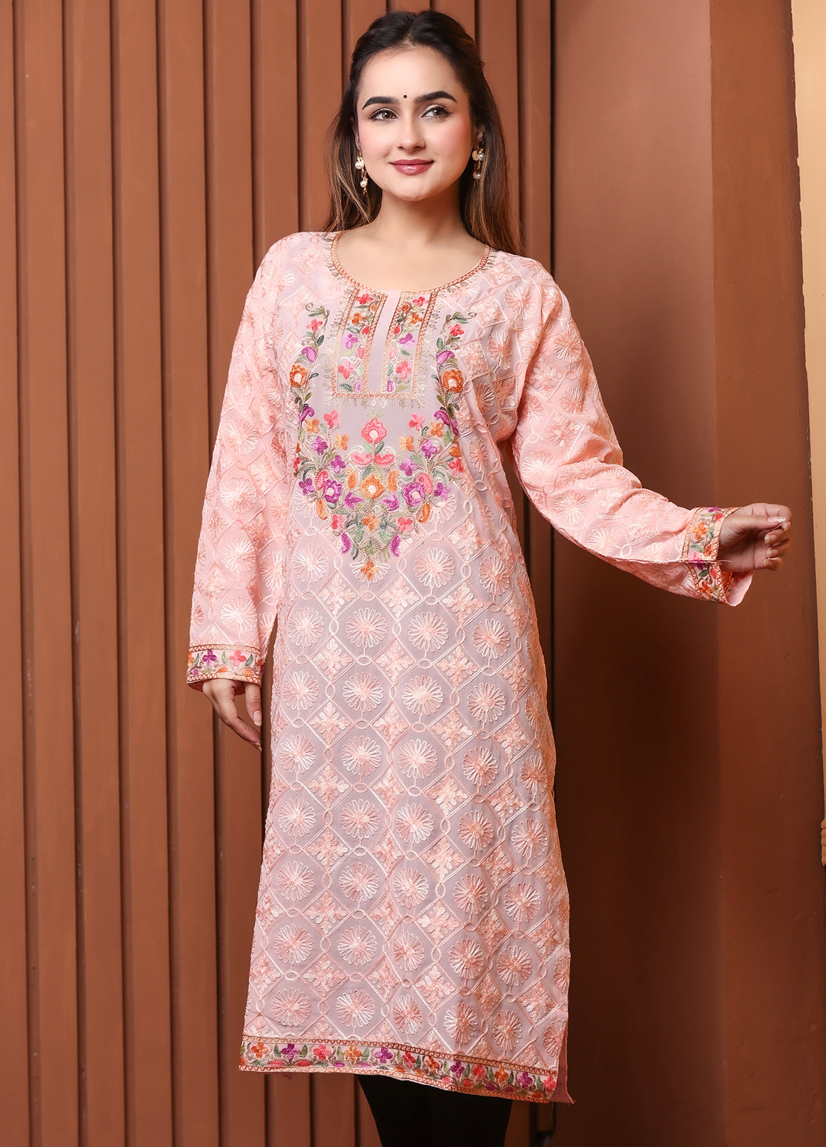 Women's Peach Floral Embroidered Georgette Long Kurta