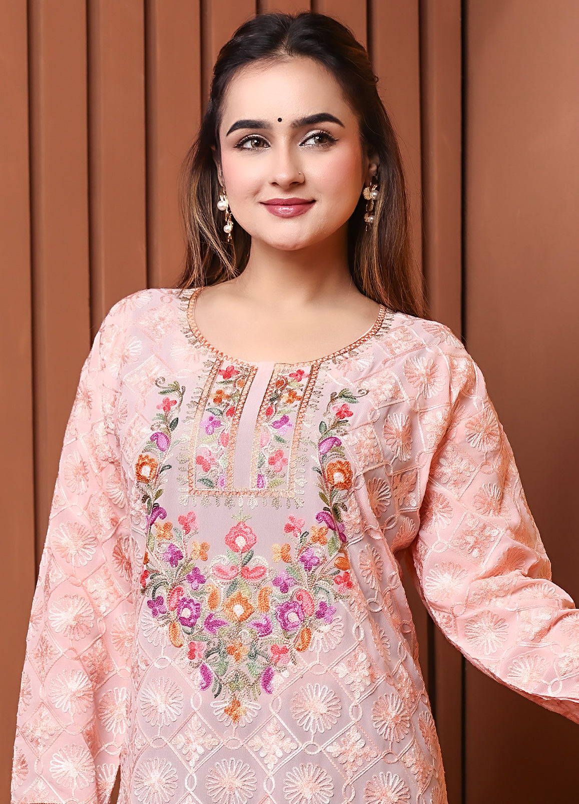 Women's Peach Floral Embroidered Georgette Long Kurta