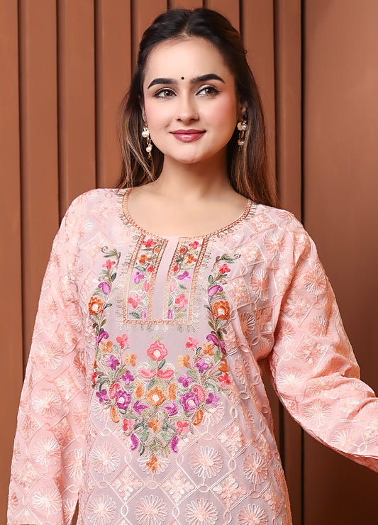 Women's Peach Floral Embroidered Georgette Long Kurta