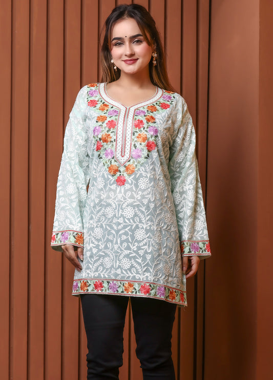 Women's Mint Green Floral Embroidered Georgette Short Kurti