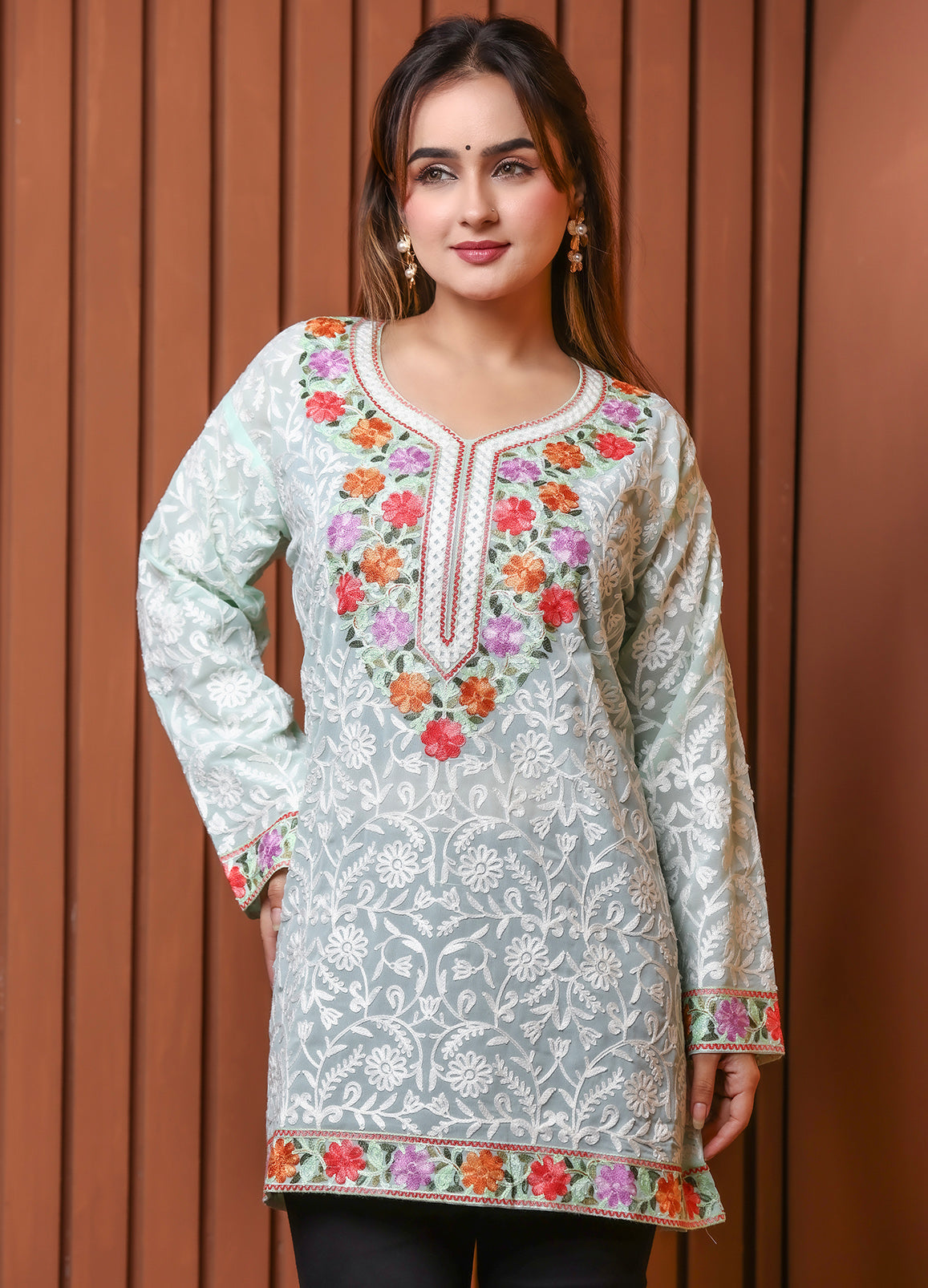 Women's Mint Green Floral Embroidered Georgette Short Kurti