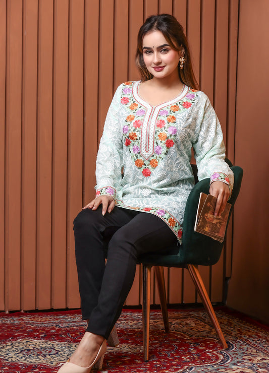 Women's Mint Green Floral Embroidered Georgette Short Kurti