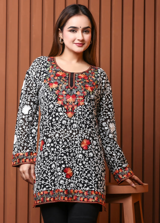 Women's Black Floral Embroidered Georgette Short Kurti