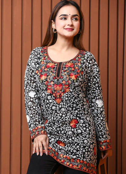 Women's Black Floral Embroidered Georgette Short Kurti