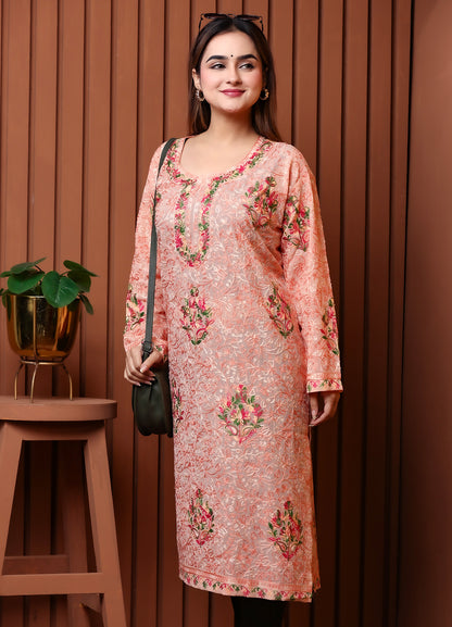 Women's Peach Floral Embroidered Georgette Long Kurta