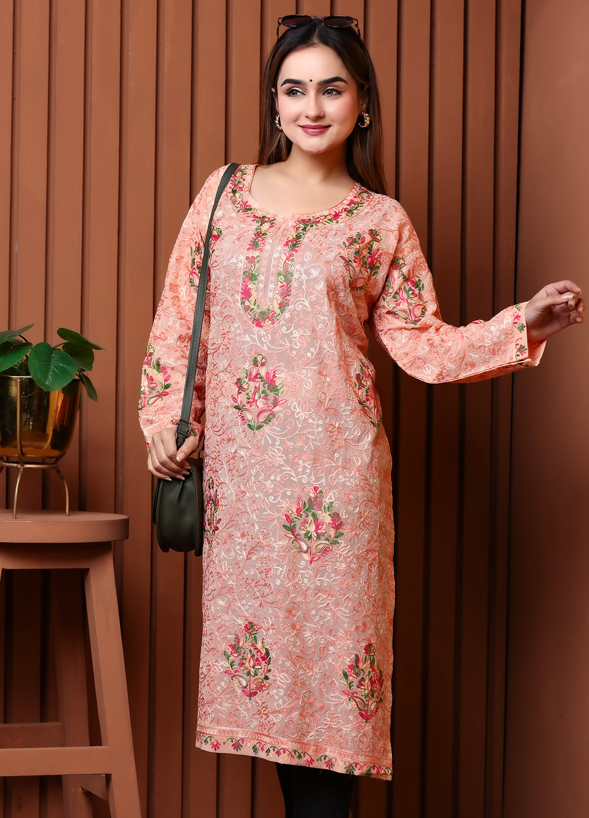 Women's Peach Floral Embroidered Georgette Long Kurta