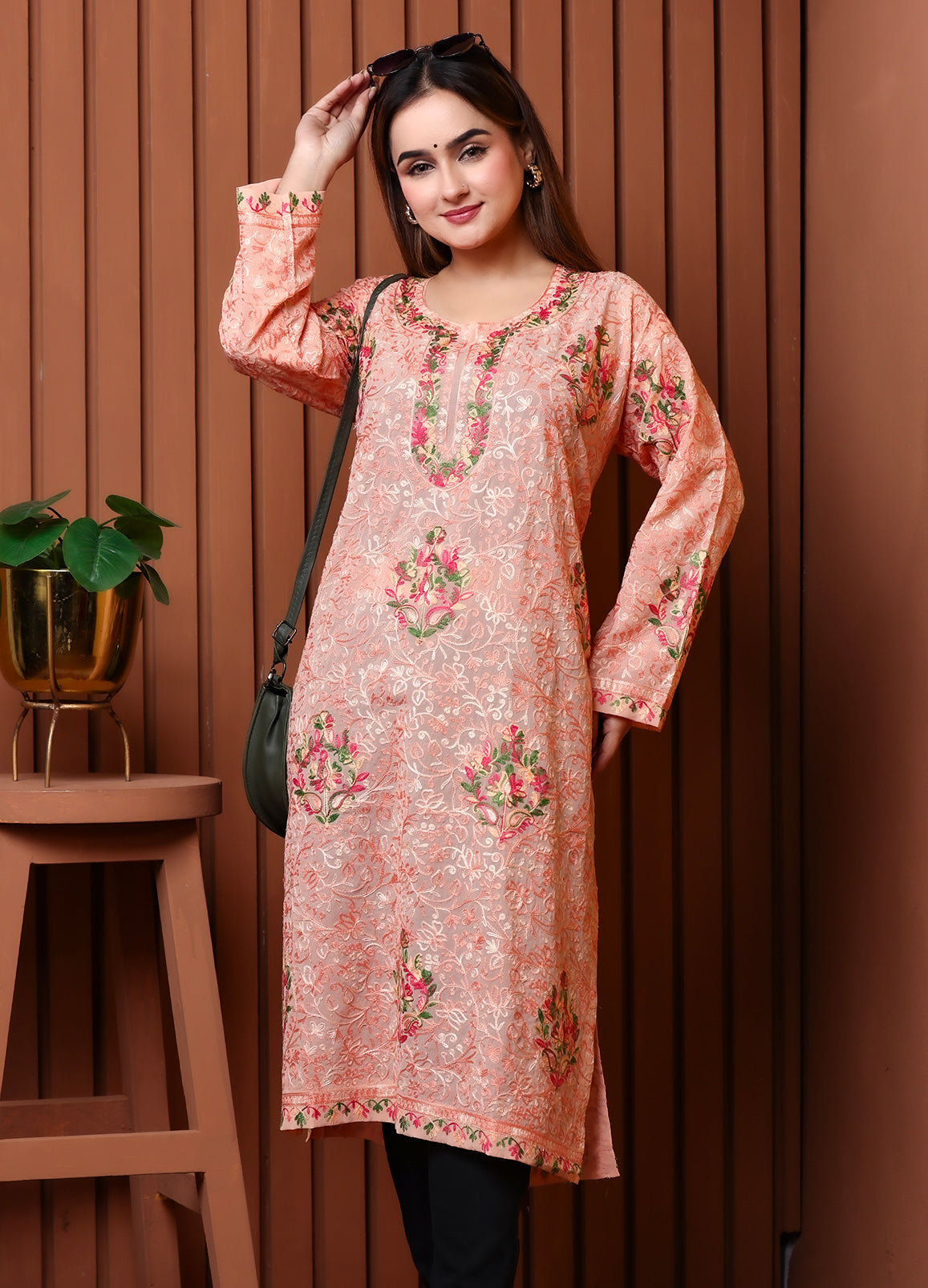 Women's Peach Floral Embroidered Georgette Long Kurta