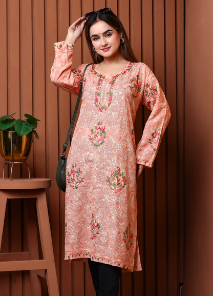 Women's Peach Floral Embroidered Georgette Long Kurta