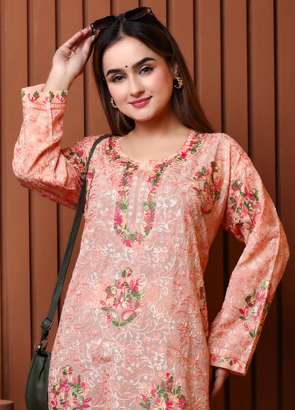 Women's Peach Floral Embroidered Georgette Long Kurta