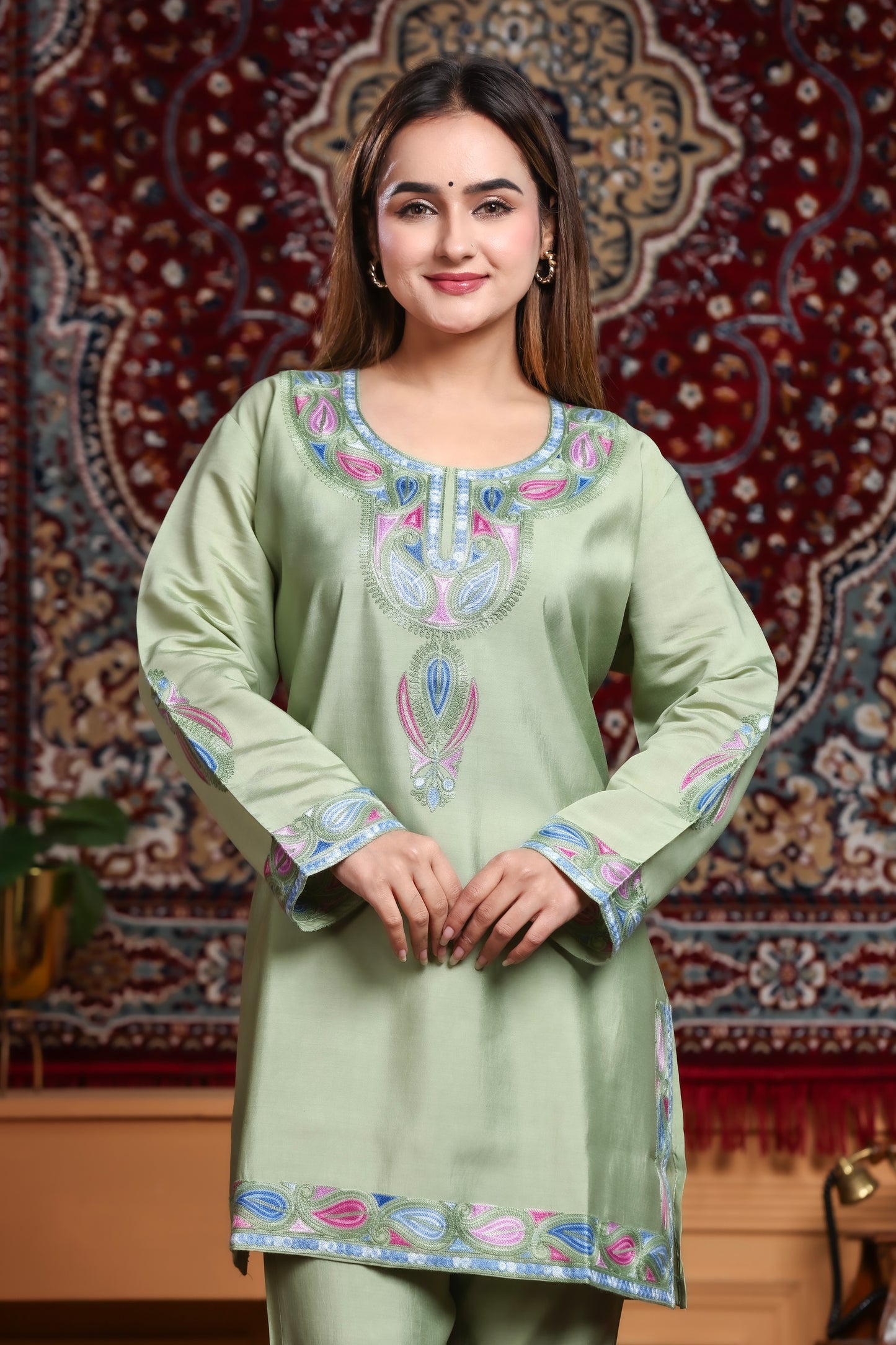 Pista Green Kashmiri Ari Work Rayon Straight Embroidered Kurta With Pant