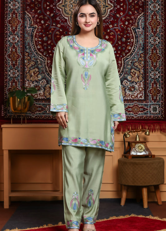 Pista Green Kashmiri Ari Work Rayon Straight Embroidered Kurta With Pant