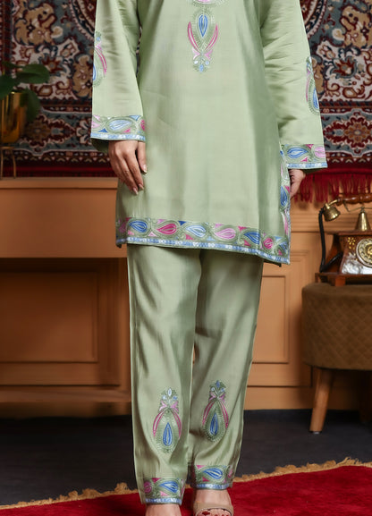 Pista Green Kashmiri Ari Work Rayon Straight Embroidered Kurta With Pant
