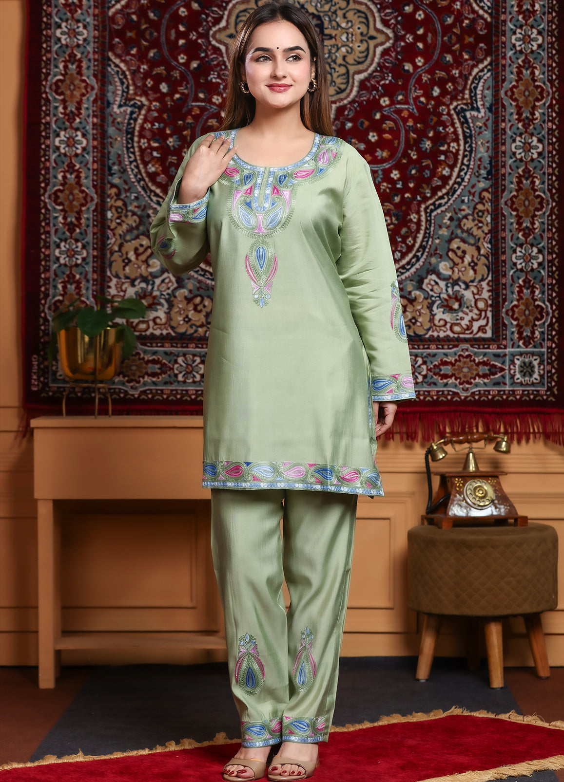 Pista Green Kashmiri Ari Work Rayon Straight Embroidered Kurta With Pant