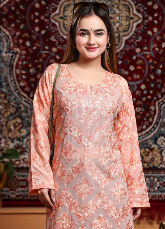 Peach Kashmiri Ari Work Georgette Long Kurta – Free Size